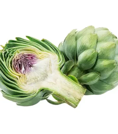Fresh artichoke cut in half, revealing its tender heart and layers of green leaves.
