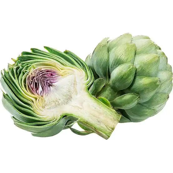 Fresh artichoke cut in half, revealing its tender heart and layers of green leaves.