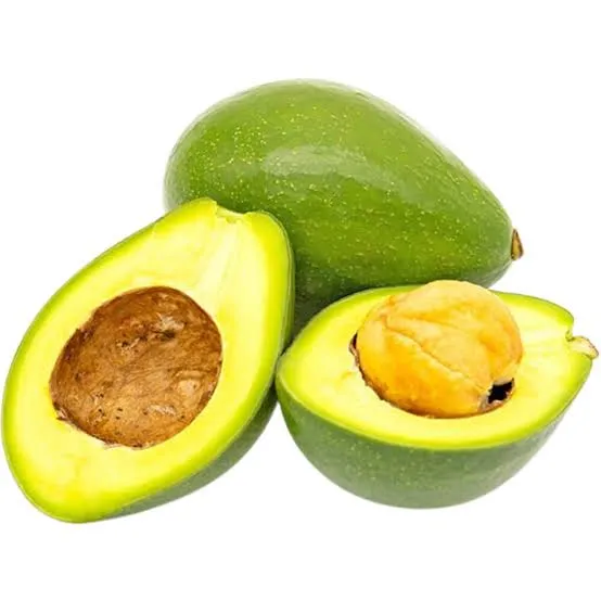 Whole and halved Avocado Green Fuerte with pit visible