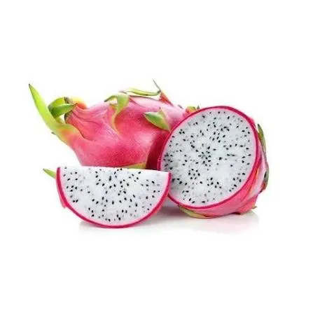 Whole and sliced dragon fruit with white flesh and black seeds.