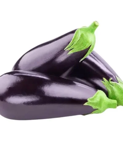 Three large, glossy eggplants with green stems