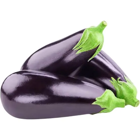 Three large, glossy eggplants with green stems