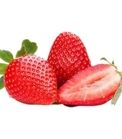 Premium fresh strawberries, one whole and one sliced, with green leaves.