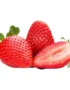 Premium fresh strawberries, one whole and one sliced, with green leaves.