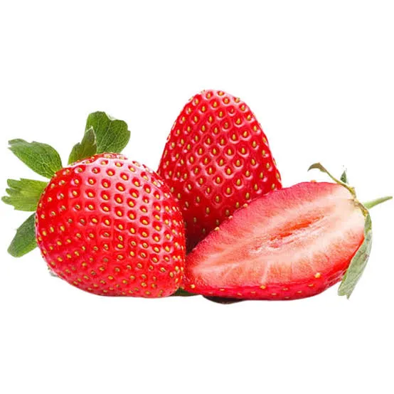 Premium Strawberries Premium fresh strawberries, one whole and one sliced, with green leaves.
